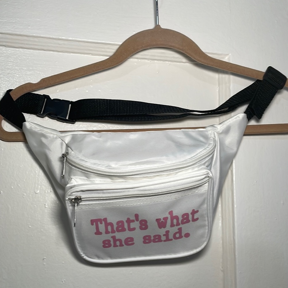 “That’s What She Said” Office-Themed Bachlorette Fanny Pack — white + pink